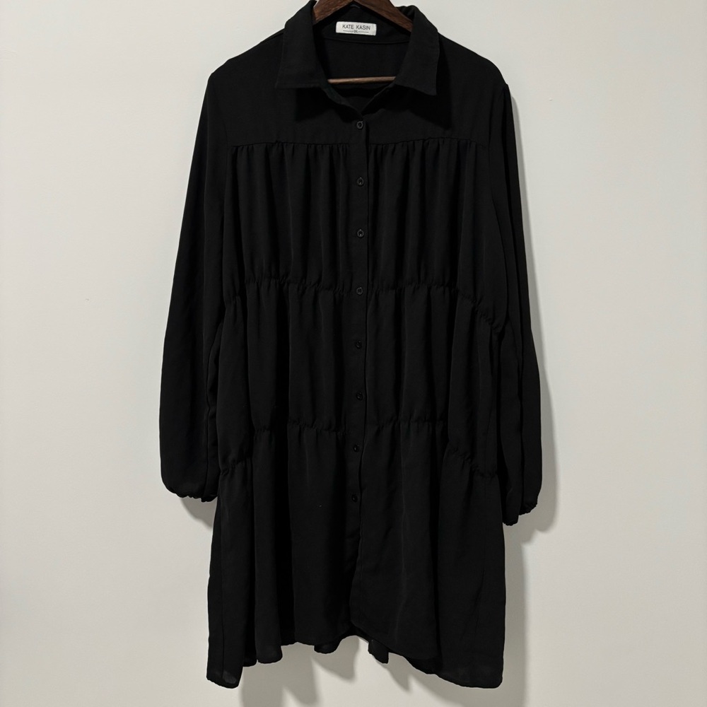 Kate Kasin Womens Dress Tired‎ Babydoll Button Up Long Sleeve Collared Black 2X